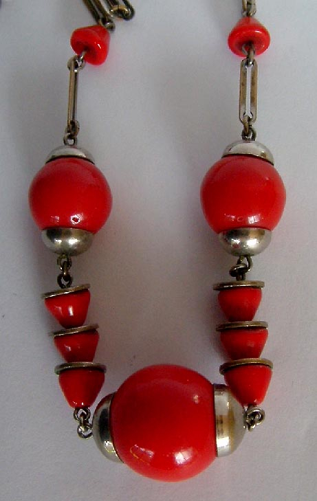 circa 1930's Art Deco  red glass & silvered metal necklace